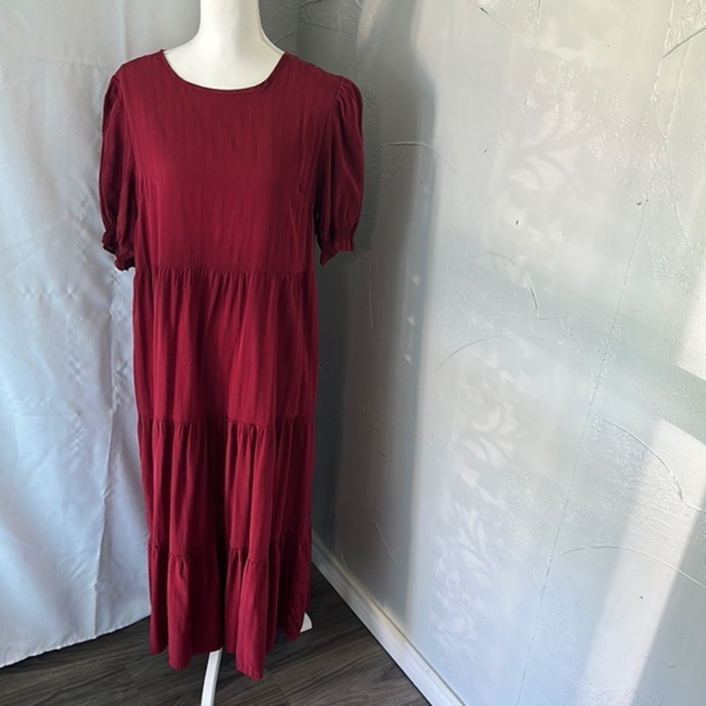 Red Tiered Puff Sleeve Casual Sundress